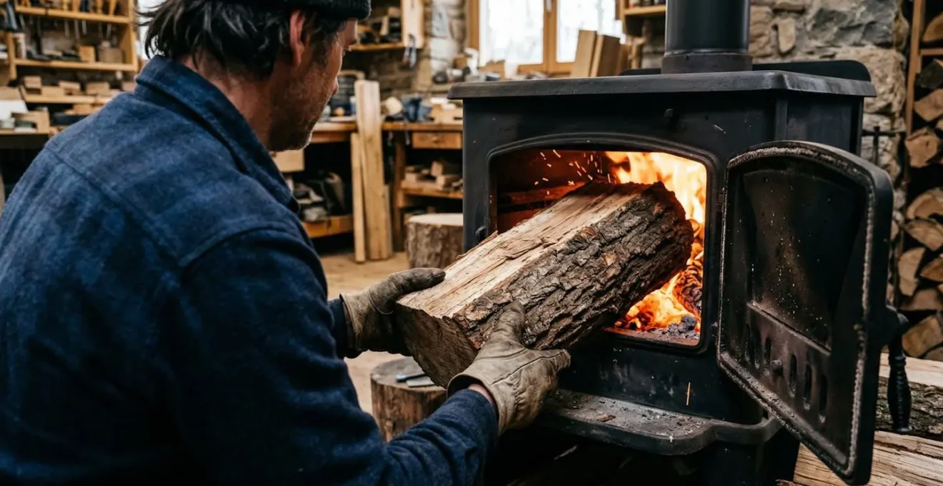 Chargement de grandes bûches de 50 cm dans un foyer spacieux