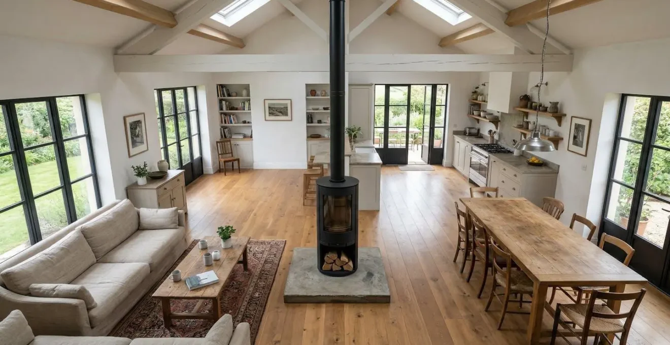 Vue d'un séjour avec poêle positionné au centre pour une diffusion optimale