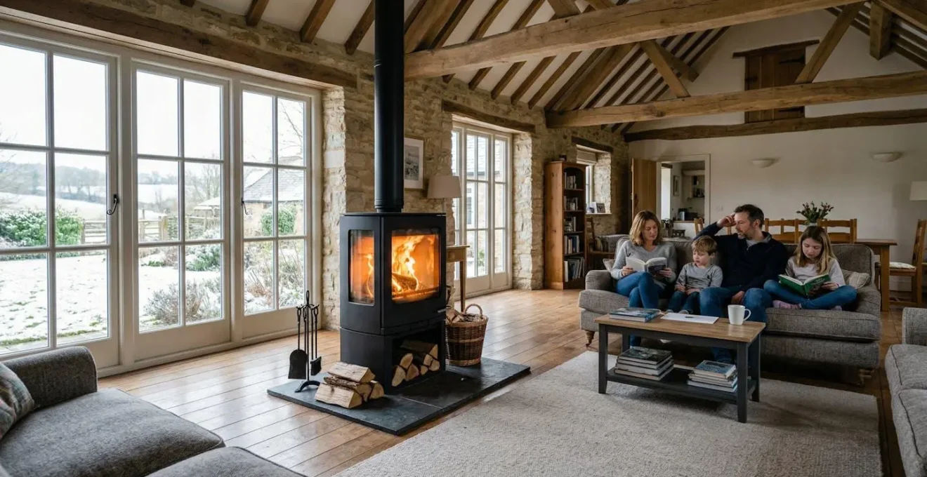 Poêle à bois moderne en fonctionnement dans un vaste séjour avec poutres apparentes