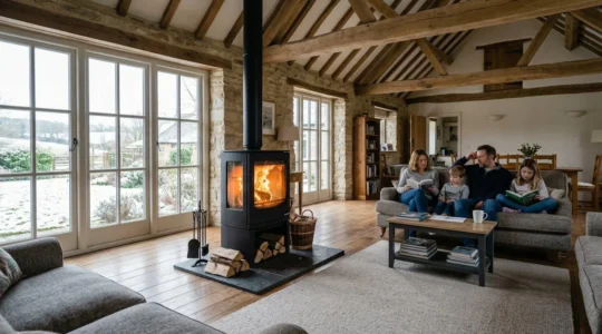 Poêle à bois moderne en fonctionnement dans un vaste séjour avec poutres apparentes