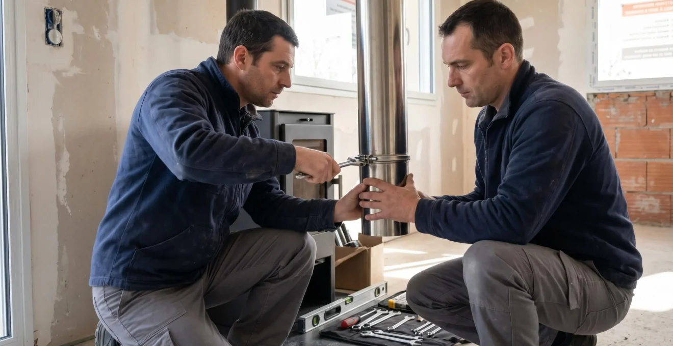 Installateur professionnel certifié RGE en intervention de raccordement d'un conduit de fumée inox à un poêle à bois moderne sur chantier résidentiel