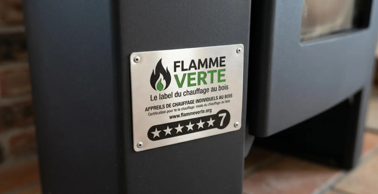 Plaque de certification label Flamme Verte 7 étoiles apposée sur le corps en acier d'un poêle à bois moderne