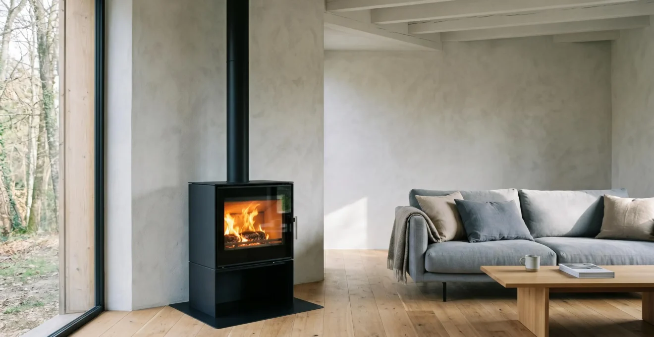 Poêle à bois design en acier noir intégré dans un salon contemporain français aux tons neutres avec feu visible à travers vitre panoramique