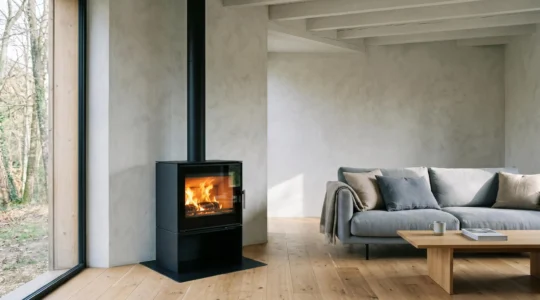 Poêle à bois design en acier noir intégré dans un salon contemporain français aux tons neutres avec feu visible à travers vitre panoramique