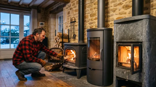 Trois poêles à bois en fonte, en acier et en pierre ollaire alignés dans un salon français, avec un propriétaire rechargeant le poêle en fonte.